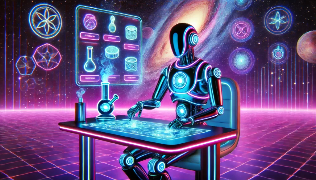 A futuristic neon space robot sitting at desk with glass bong