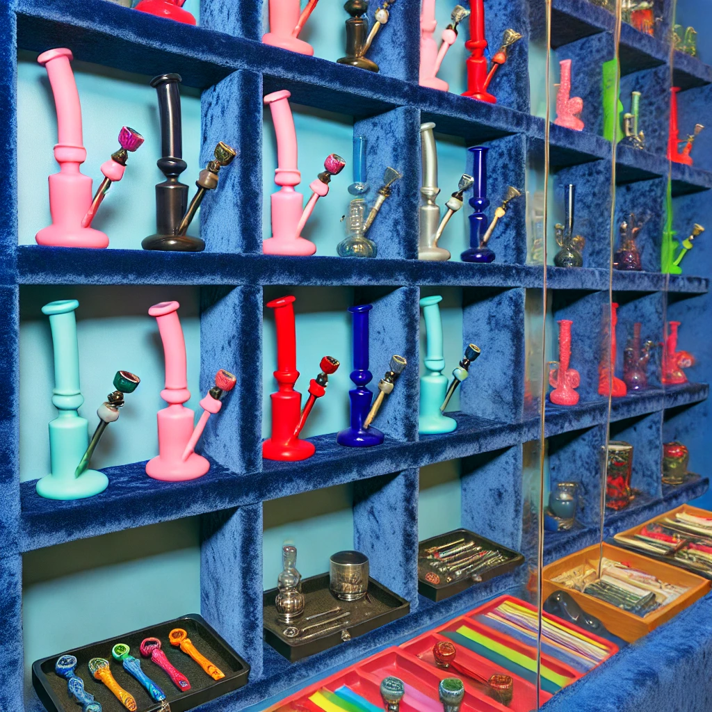 Variety of colorful weed smoking supplies arranged neatly on shelves. Items include bongs in vibrant colors, weed