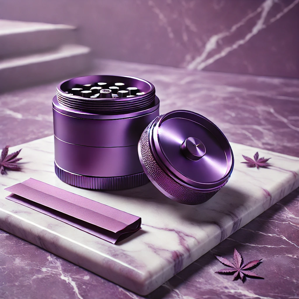 Purple grinder and purple rolling papers (rollies) placed on a luxurious purple marble floor.