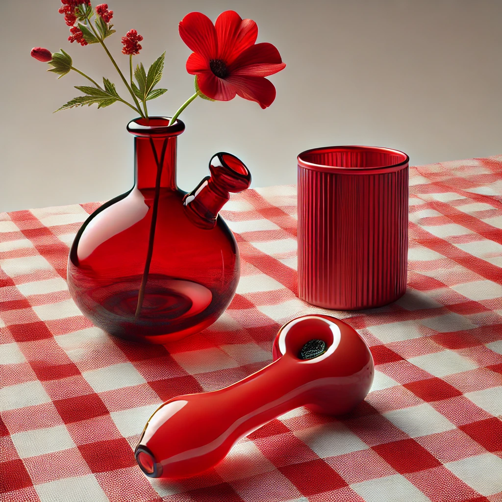 Red glass weed pipe placed on a red and white picnic-style tablecloth.