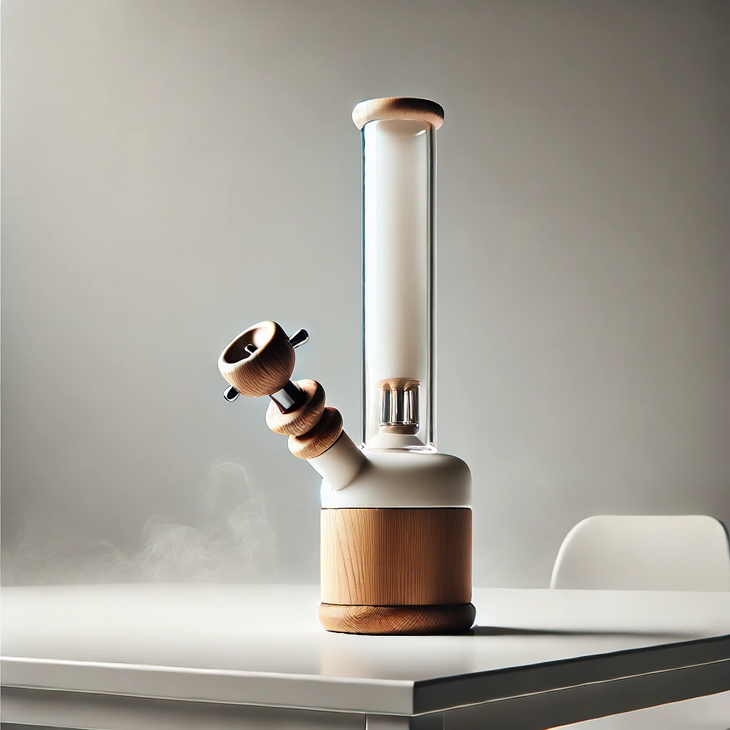 A minimalistic and stylish image of a bong made of glass and wood, designed with exceptional craftsmanship.