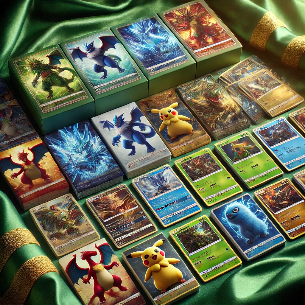 A hyper-realistic and detailed image of a diverse collection of Japanese anime and trading card merchandise, featuring cards with animal monsters