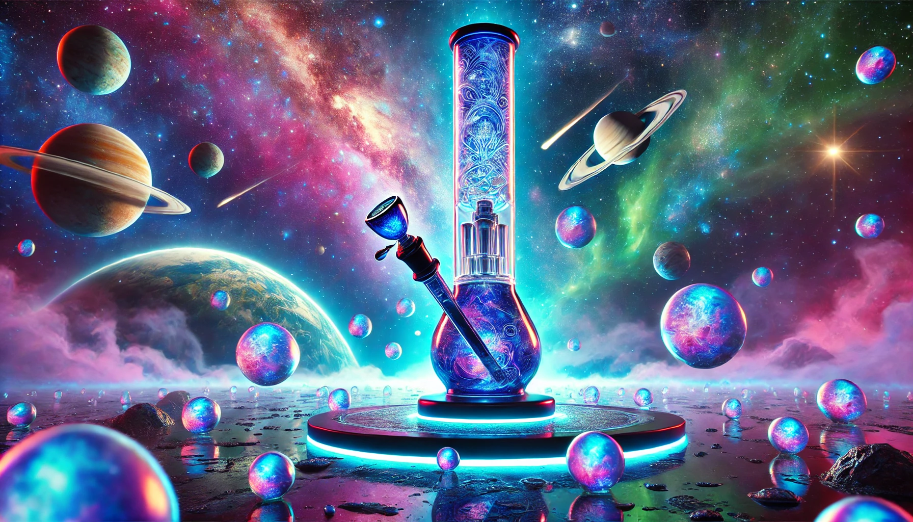 crystal-clear glass bong with intricate patterns glowing in neon blue and purple hues, standing tall on a glowing asteroid floating